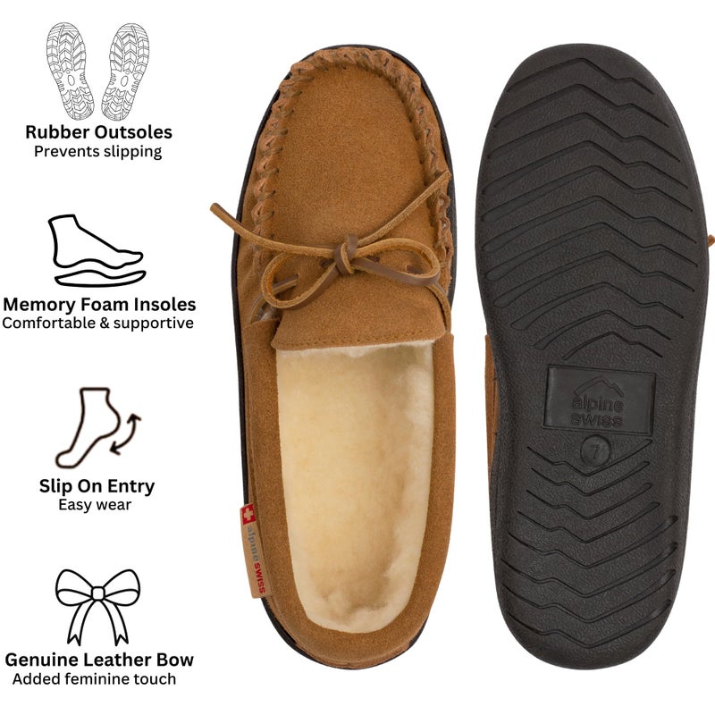 Alpine Swiss Sabine Womens Moccasin Slippers Genuine Suede House Shoe Memory Foam Insole Plush Faux Shearling Fur Indoor Outdoor Anti-Slip Rubber Sole CHST 8 - Image 2
